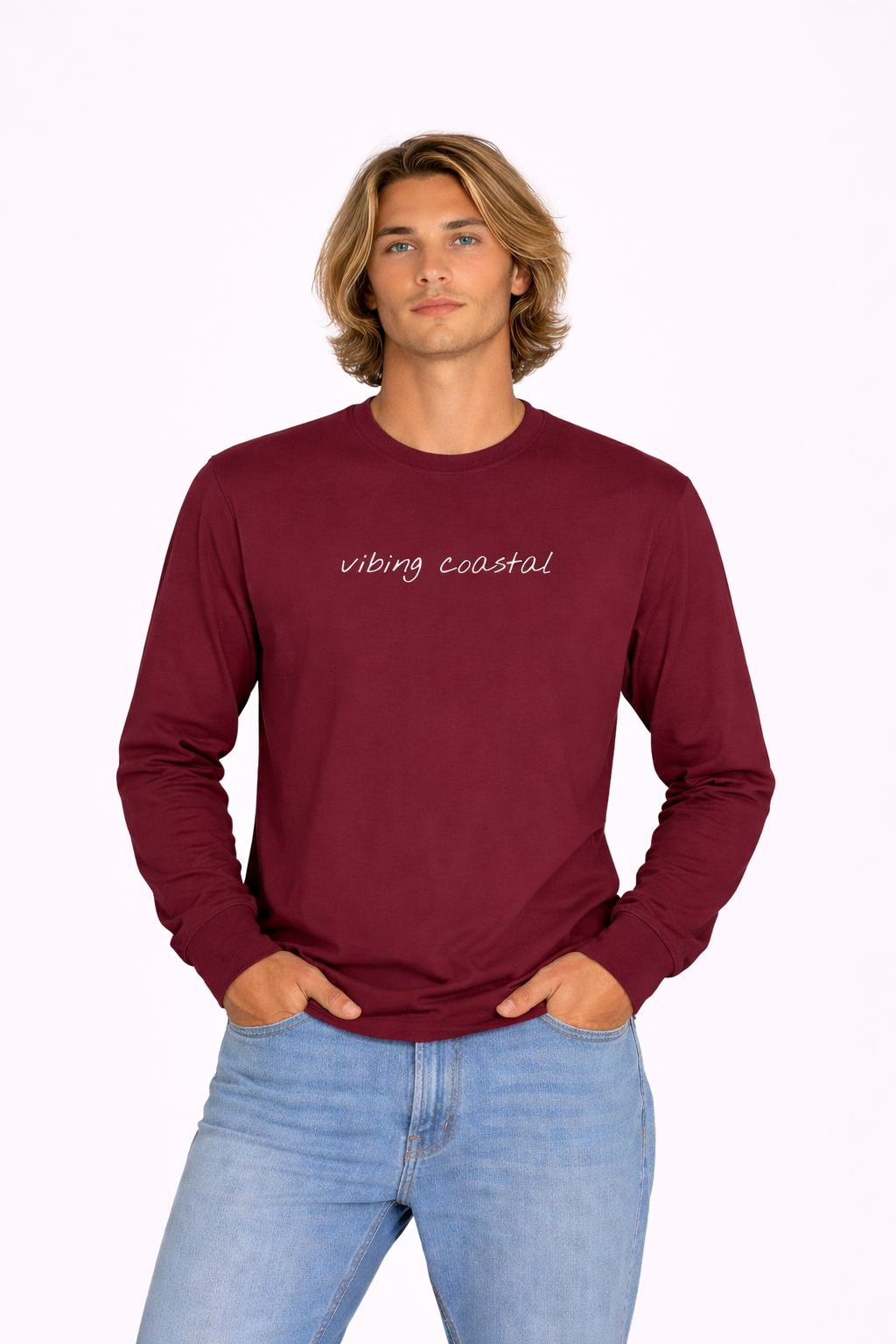 Men's Ultra Cotton Long Sleeve Tee | Vibing Coastal | White Script