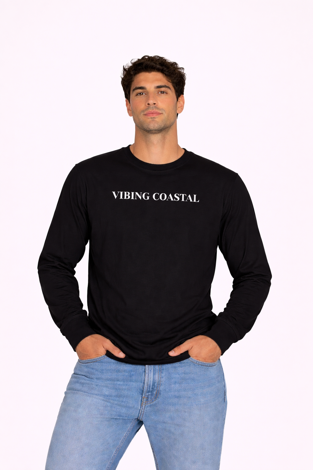 Men's Ultra Cotton Long Sleeve Tee | Vibing Coastal | White Lettering