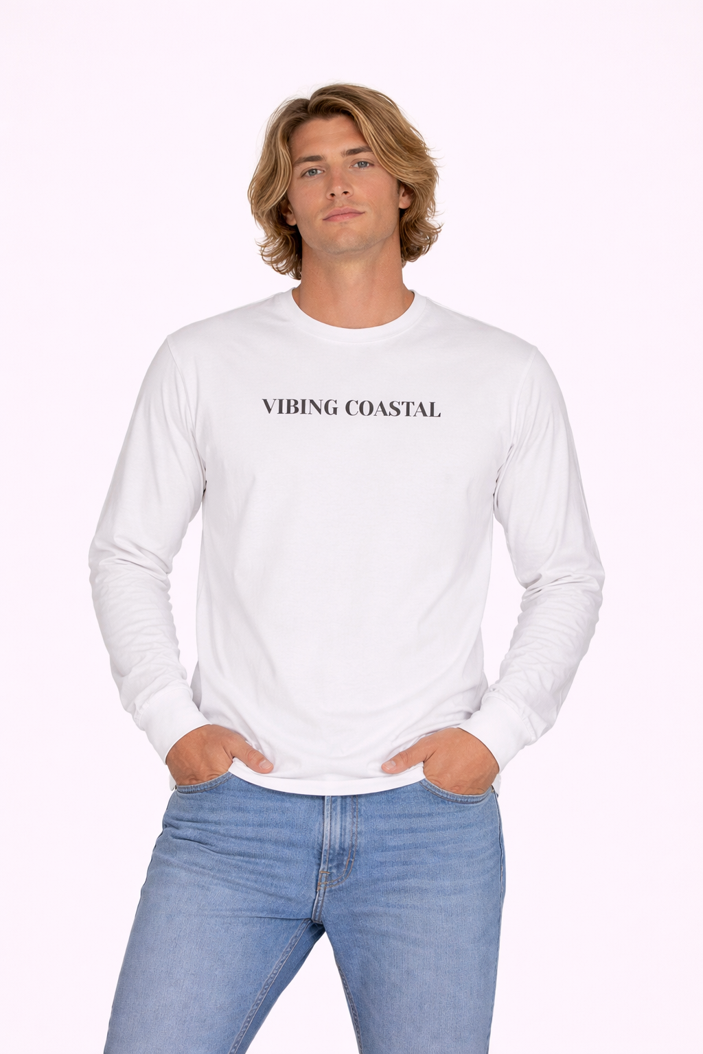 Men's Ultra Cotton Long Sleeve Tee | Vibing Coastal | Black Lettering