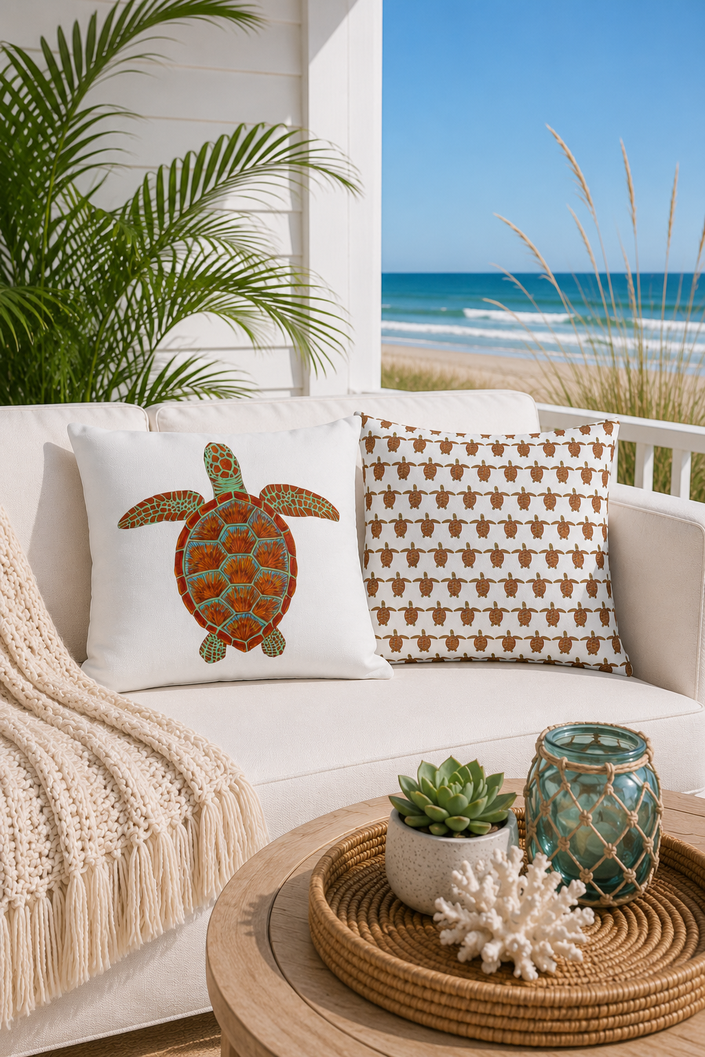 White Outdoor Pillow | 18"x18" | Sea Turtle